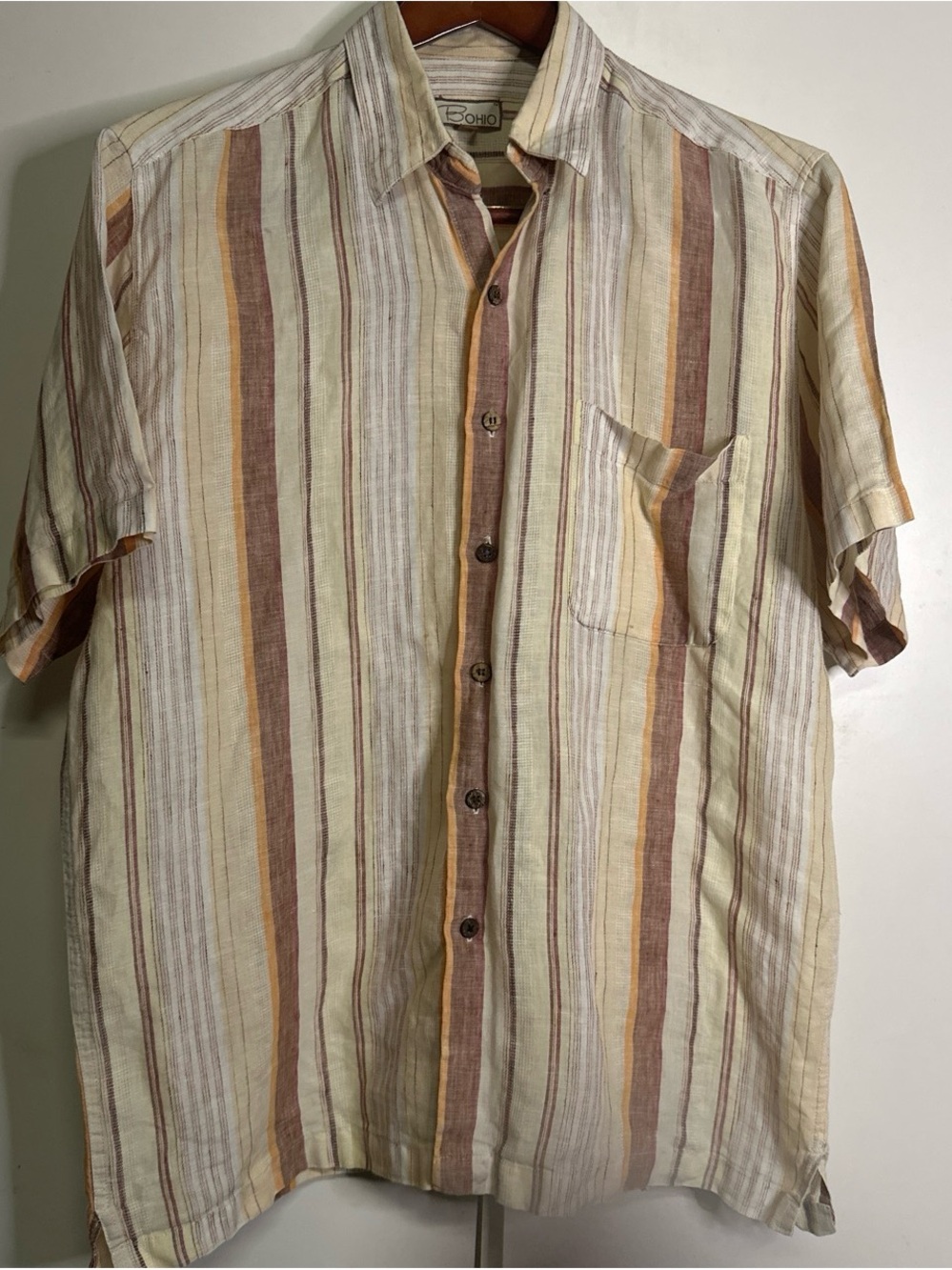 BOHO Men's Short-Sleeve Striped Button-Down Shirt in Cream & Brown